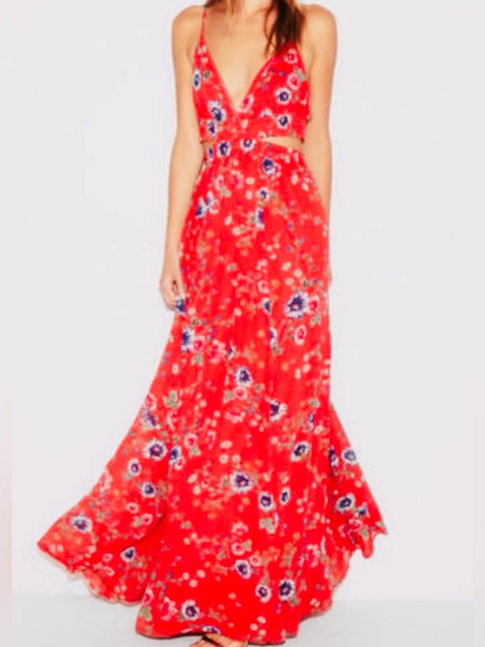 Express Red Floral V-Neck Maxi Dress